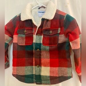 Old Navy Red & Green Plaid Sherpa-Lined Button-Front Shirt Jacket Size 5T